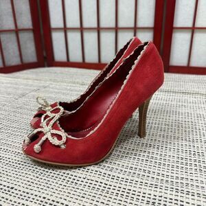 MIA Red Coquette Twee Peep Toe Pumps Suede Heels